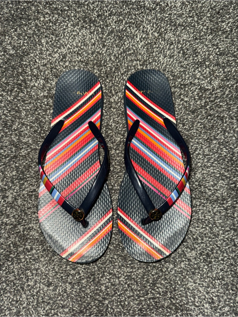 Tory Burch Navy Multicolor Striped Flip Flops